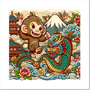 Cute Monkey and Dragon in Japan with Pagoda ,Wave, Flower and Fuji Mount Posters and Art